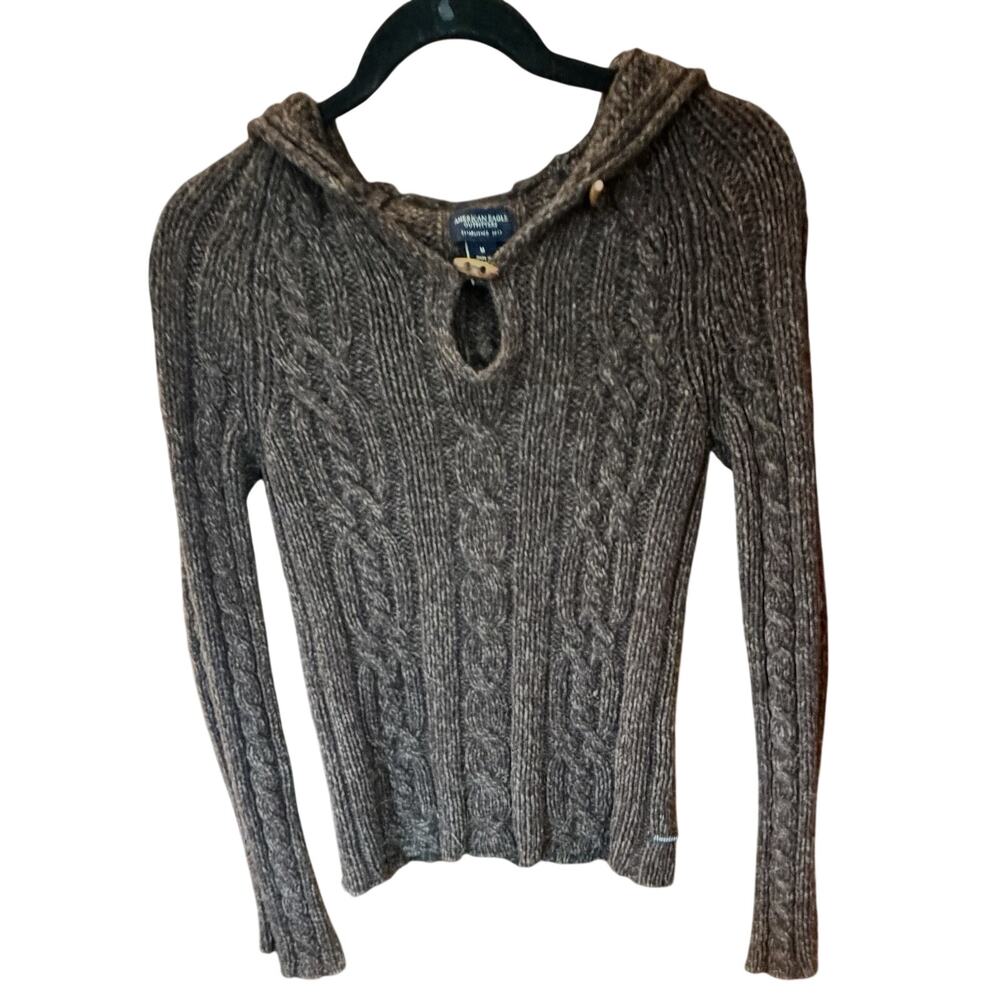 VTG Y2K American Eagle Women M Hooded Sweater Brown Cable Knit 100% Lambs Wool